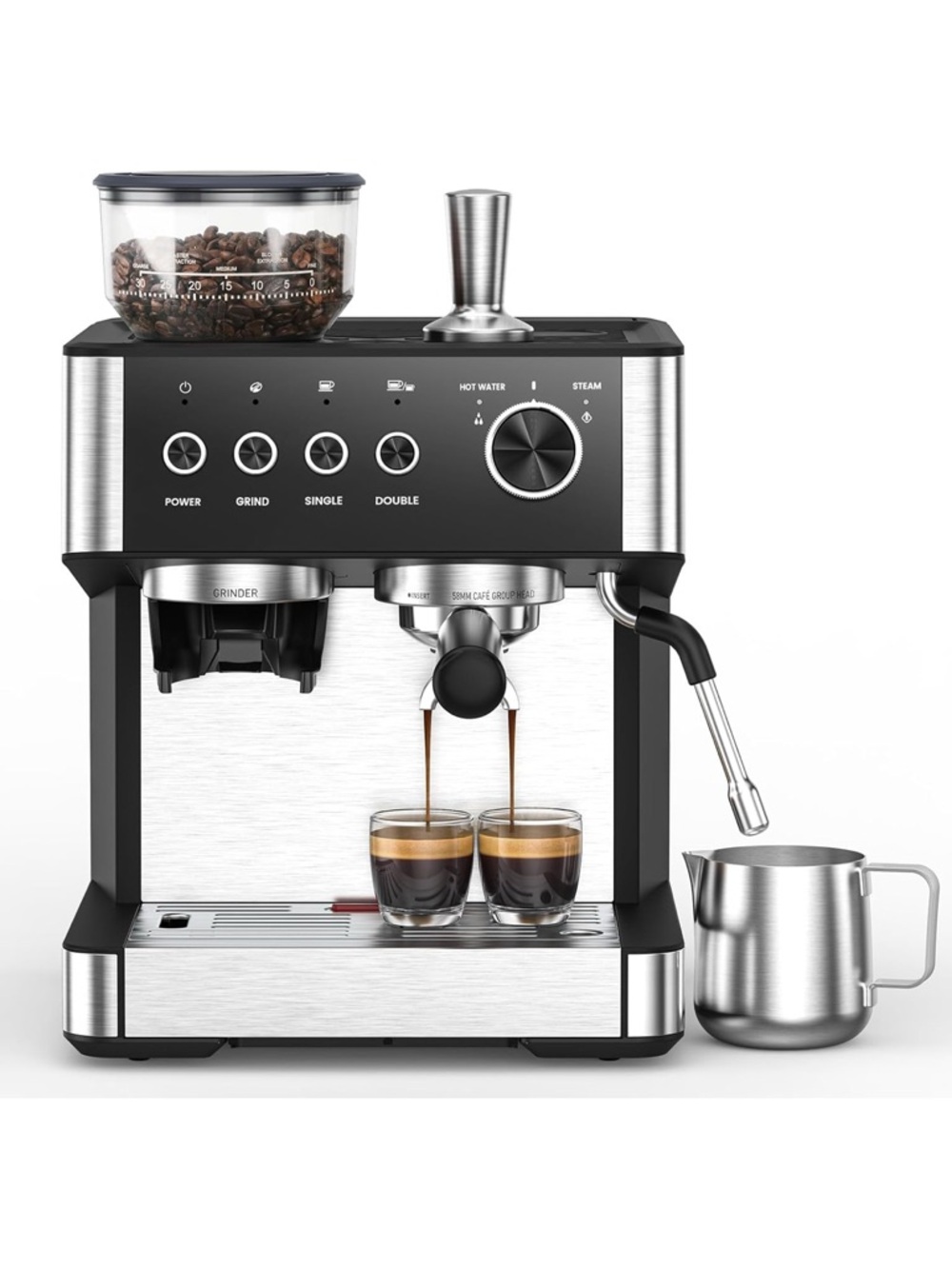 Espresso Machine 15 Bar with Built-in Anti-Clog Coffee Grinder